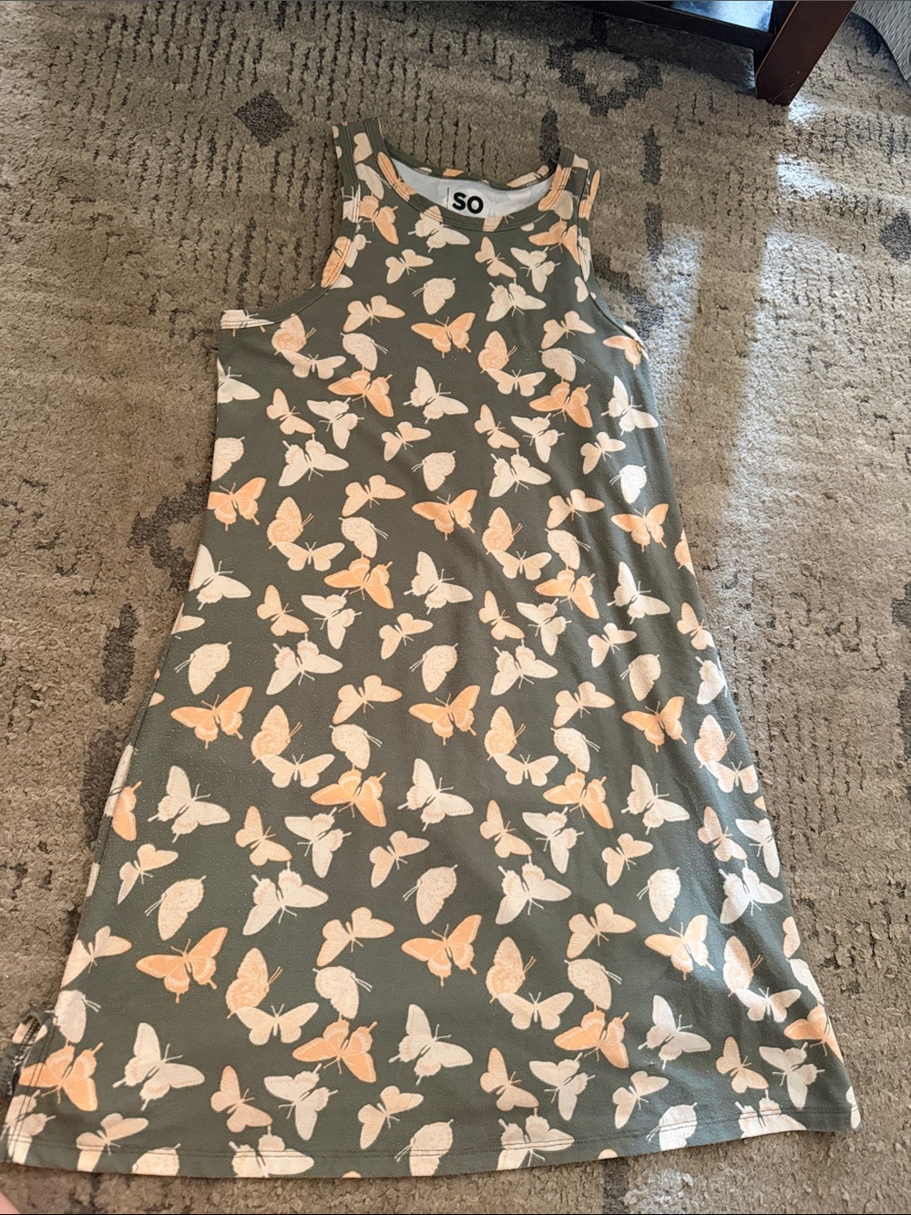 SO Green Dress with Peach & Cream Butterfly Print